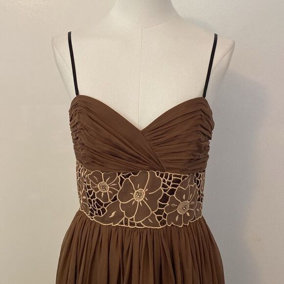 Vintage 00's Laundry by Design Brown Bubble Hem Ruched Silk Dress Size 4 - Picture 3 of 14